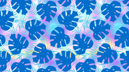Abstract palm leaves pattern background. Vector blue tropical leaf print on holographic foil gradient background for fabric, summer decor, digital paper, backdrop, wallpapers.
