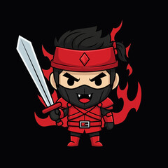 Cute Cartoon Ninja Warrior with Sword and Red Flames on Black Background.