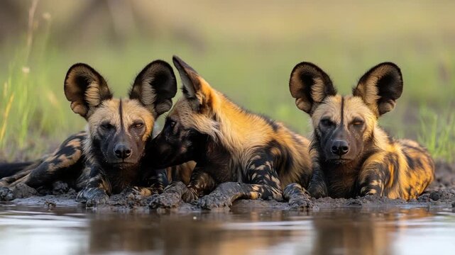 African Wild Dogs Cooling Off in Muddy Water.