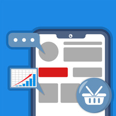 Social e-commerce growth. Displaying online shopping via social media, in-app purchases. User engagement driving higher sales and digital marketing success.