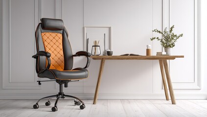 Orange-accented gaming chair near wood desk, bright, minimalistic space
