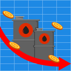 Falling oil prices concept. Oil barrel with downward trend. Economic decline, financial crisis, or energy market recession.