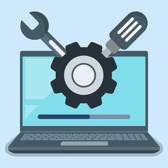 Vector illustration of a laptop with gear, wrench, and screwdriver, representing system maintenance, software update, technical support, and computer repair concept.