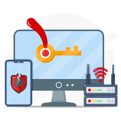 Cyber attack alert with key warning sign on computer screen, shield for security on phone screen is broken and router for connection on internet.