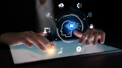 A concept of a global AI ecosystem centered on digital intelligence. Network integrates diverse applications like industrial automation, cloud computing, and fintech for worldwide innovation. Fermion