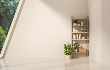 Pot plant and wooden display shelf with sunlight through sloped glass window on tiles floor in a room.