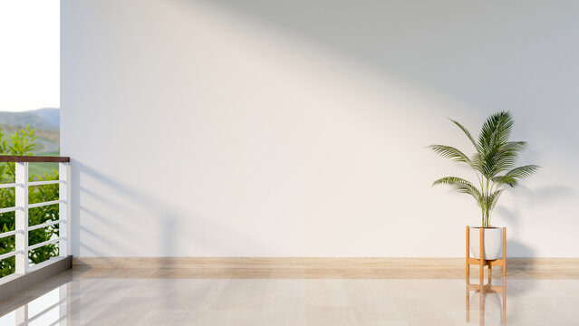 pot plant standing holder on wooden parquet floor and sunlight through balcony terrace on white wall