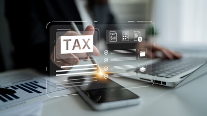 Concept of tax preparation and financial compliance. Filing official tax documents and forms for...