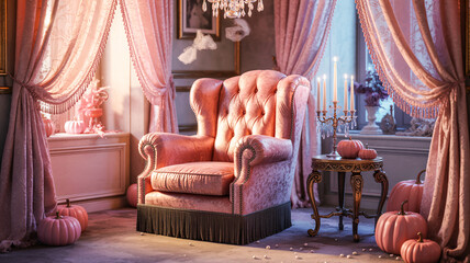  Gothic-inspired pastel interior decorated with cobweb chandelier, velvet chairs, and pink pumpkins
