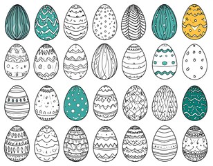 Collection of colorful, patterned eggs, in row of five