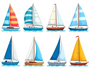 Collection of colorful sailboats on water, each with different sails