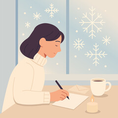 Flat vector illustration of a young woman writing a letter near the window on a snowy winter day. Cozy atmosphere with candlelight and coffee. Great for lifestyle or seasonal design.
