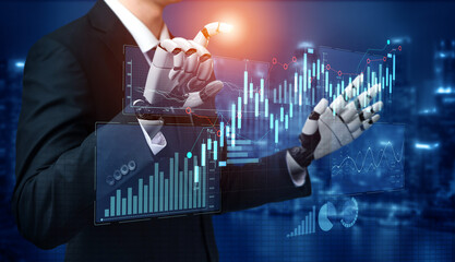 A futuristic businessman uses a robotic hand to interact with a digital interface displaying...