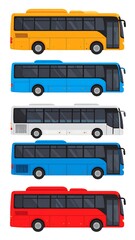 Collection of colorful, side-view, modern, passenger transportation vehicles