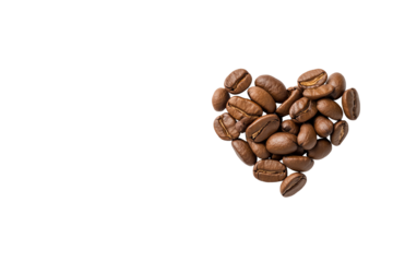 Heart shaped arrangement of roasted coffee beans on a white background.