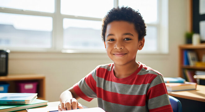 Portrait of happy african american schoolboy in primary school