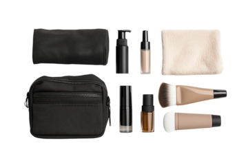 Makeup tools and accessories, organized flat lay on a white background, ideal for beauty enthusiasts and professionals.