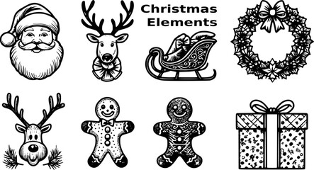 Minimalist Christmas Elements bundles in black and white outline style. Includes classic festive elements such as Christmas trees, Santa Claus, reindeer, gift boxes, bells, and others