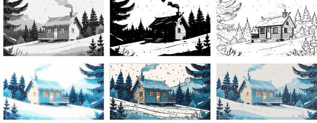 Cozy winter cabin illustrations in snowy mountain scenery, featuring various artistic styles including color, grayscale, black and white, and outline vector versions