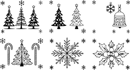 Minimalist Christmas Elements bundles in black and white outline style. Includes classic festive elements such as Christmas trees, Santa Claus, reindeer, gift boxes, bells, and others
