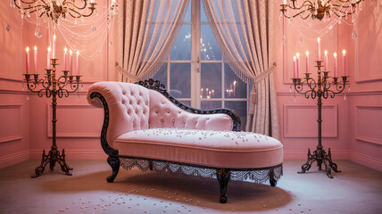  Gothic-inspired pastel interior decorated with cobweb chandelier, velvet chairs, and pink pumpkins
