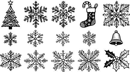 Minimalist Christmas Elements bundles in black and white outline style. Includes classic festive elements such as Christmas trees, Santa Claus, reindeer, gift boxes, bells, and others