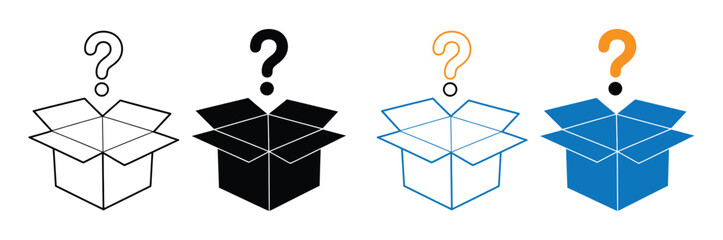 Set of box with question marks vector icons. Mystery, surprise or secret boxes. Prize, magic or present packaging. Vector 10 Eps