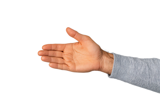 Open hand gesture on a white isolated background, symbolizing greeting or offering.