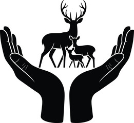 Protective hands holding deer family silhouettes, wildlife conservation, nature care, animal protection, ecological balance, forest safety, nurturing environment, symbolic illustration