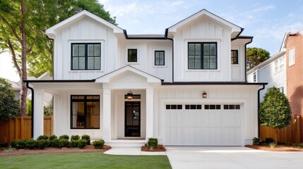 Fototapeta premium This large house stands proudly with its clean white exterior and elegant black trim. Lush trees frame the property, creating a serene atmosphere, perfect for family living