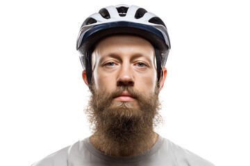 Fototapeta premium Portrait of a man with a beard wearing a bicycle helmet against a white isolate background.