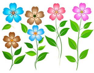 Collection of colorful, stylized blossoms and vibrant green leaves