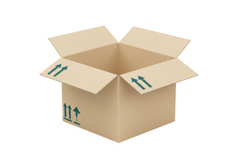 Open cardboard box isolated on transparent background, brown container with arrows for shipping and delivery in PNG format