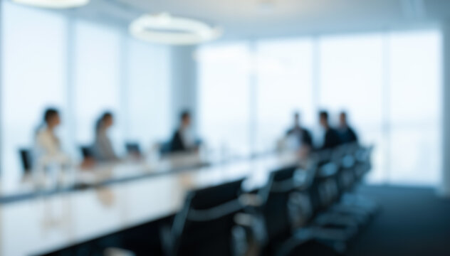 Blurred office background with business people in meeting room, abstract corporate environment for presentation backdrop, conference hall with team at work concept