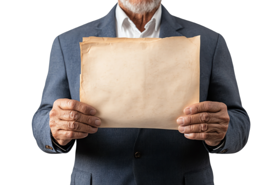 Senior man in a business suit holding a stack of old envelopes, isolated on a white background.