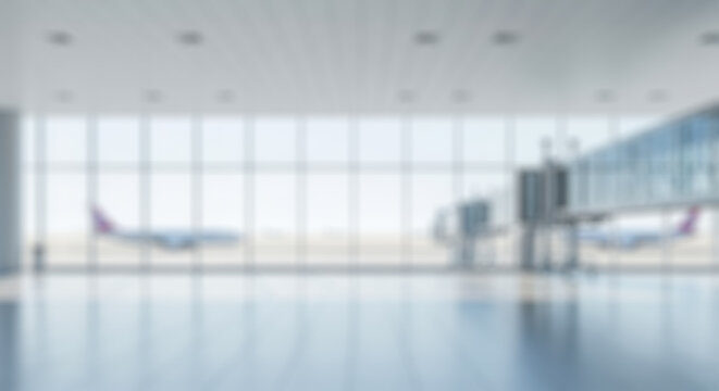 Blurry empty airport terminal hall background with large window view airplane and jet bridge for travel transportation or business journey concept