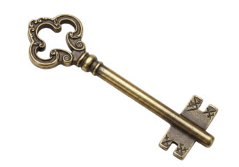 Antique brass key isolated on transparent background, vintage ornate skeleton key for unlocking secrets and historical themes PNG
