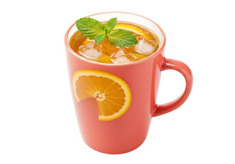 Refreshing orange iced tea in a pink mug isolated, garnished with mint leaves and orange slice on no background