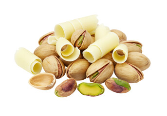 Pile of pistachios and white chocolate curls isolated on transparent background, delicious snack for healthy eating and gourmet desserts