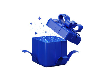 Blue gift box PNG isolated with ribbon and bow, surprise present for birthday or special occasion on transparent background