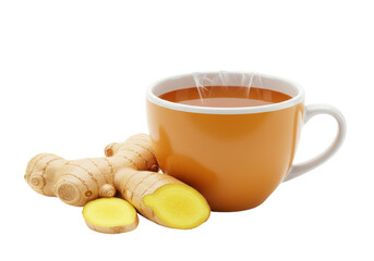 Steaming ginger tea in orange cup isolated, healthy herbal drink for cold remedy and wellness on a transparent background
