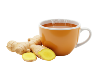 Steaming ginger tea in orange cup isolated, healthy herbal drink for cold remedy and wellness on a transparent background
