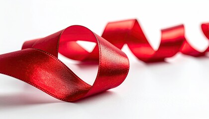 Sparkling Red Ribbon Curled on a White Background With Soft Lighting