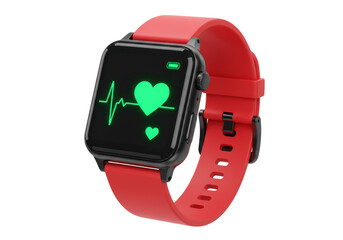 Red smart watch with heart rate monitor isolated on transparent background, wearable technology for health and fitness tracking