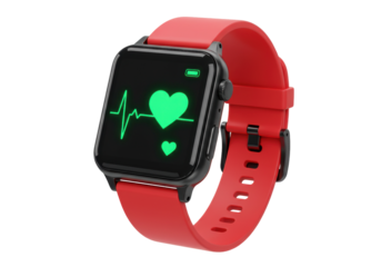 Red smart watch with heart rate monitor isolated on transparent background, wearable technology for health and fitness tracking