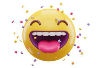 Laughing emoji PNG isolated on transparent background, yellow face with tongue out and confetti, joyful expression for social media