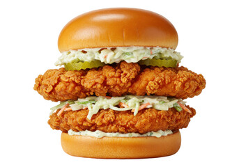 Double crispy chicken sandwich isolated on transparent background, delicious fast food with coleslaw and pickles for menu design