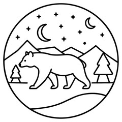 Line Art Bear under Moon and Stars – Minimal Night Camping Vector Illustration