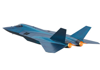 Blue futuristic fighter jet isolated PNG, advanced military aircraft with glowing engines on transparent background for defense concepts