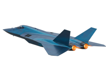Blue futuristic fighter jet isolated PNG, advanced military aircraft with glowing engines on transparent background for defense concepts